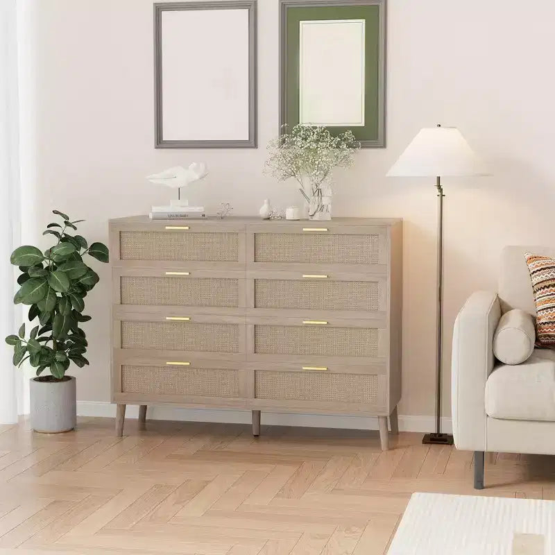 Cassettiera in Rattan a 8 Cassetti, Cassettiera in Legno con 5 Gambe in Legno Massello, Cassettiera Moderna di Metà Secolo per Armadio con Maniglie per Camera da Letto, Soggiorno