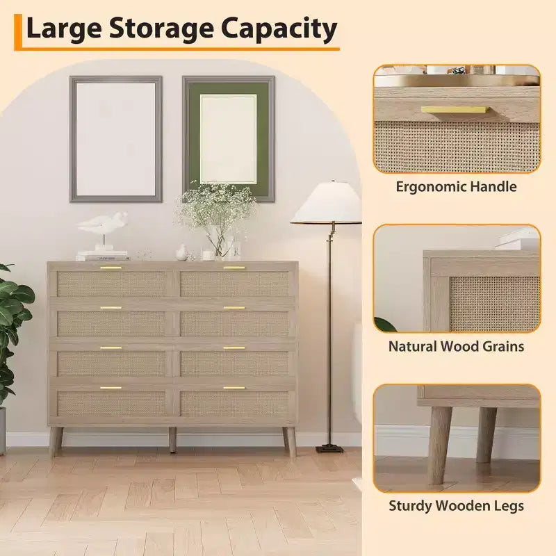 Cassettiera in Rattan a 8 Cassetti, Cassettiera in Legno con 5 Gambe in Legno Massello, Cassettiera Moderna di Metà Secolo per Armadio con Maniglie per Camera da Letto, Soggiorno