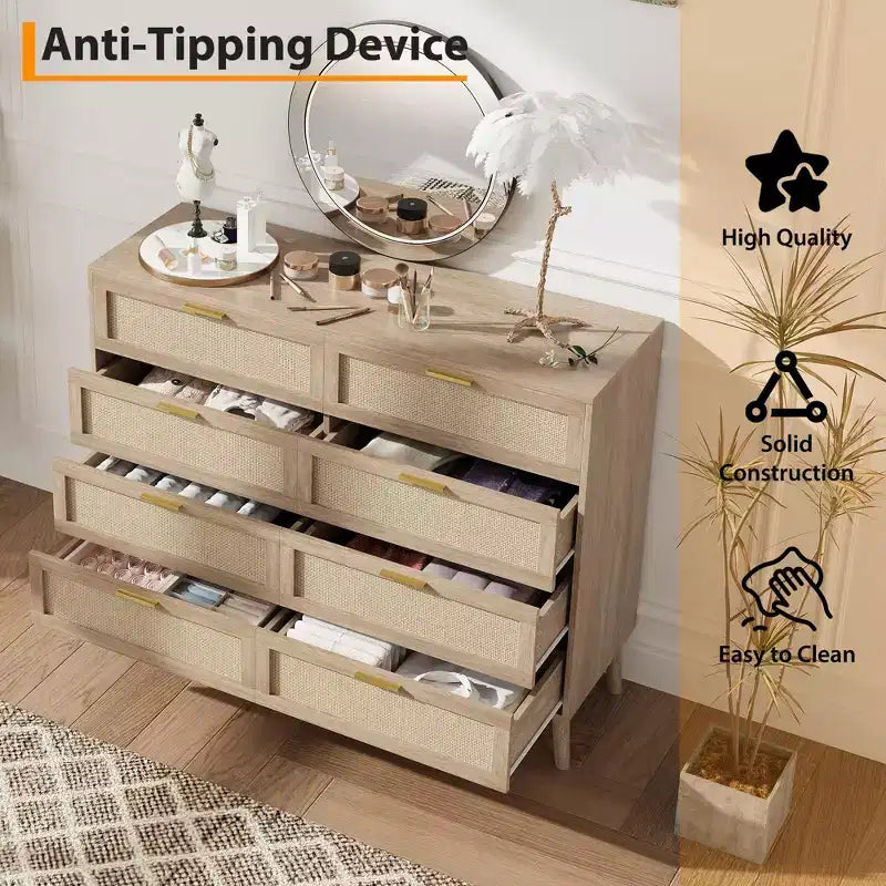 Cassettiera in Rattan a 8 Cassetti, Cassettiera in Legno con 5 Gambe in Legno Massello, Cassettiera Moderna di Metà Secolo per Armadio con Maniglie per Camera da Letto, Soggiorno
