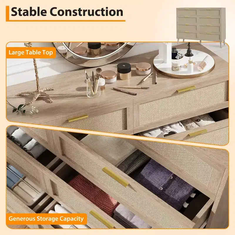 Cassettiera in Rattan a 8 Cassetti, Cassettiera in Legno con 5 Gambe in Legno Massello, Cassettiera Moderna di Metà Secolo per Armadio con Maniglie per Camera da Letto, Soggiorno