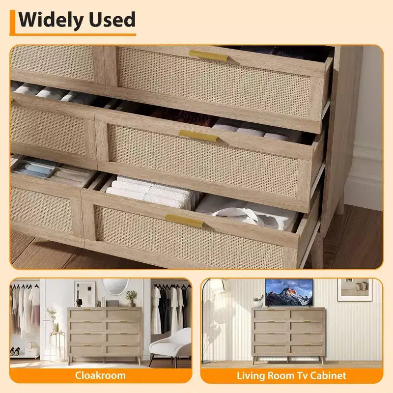 Cassettiera in Rattan a 8 Cassetti, Cassettiera in Legno con 5 Gambe in Legno Massello, Cassettiera Moderna di Metà Secolo per Armadio con Maniglie per Camera da Letto, Soggiorno