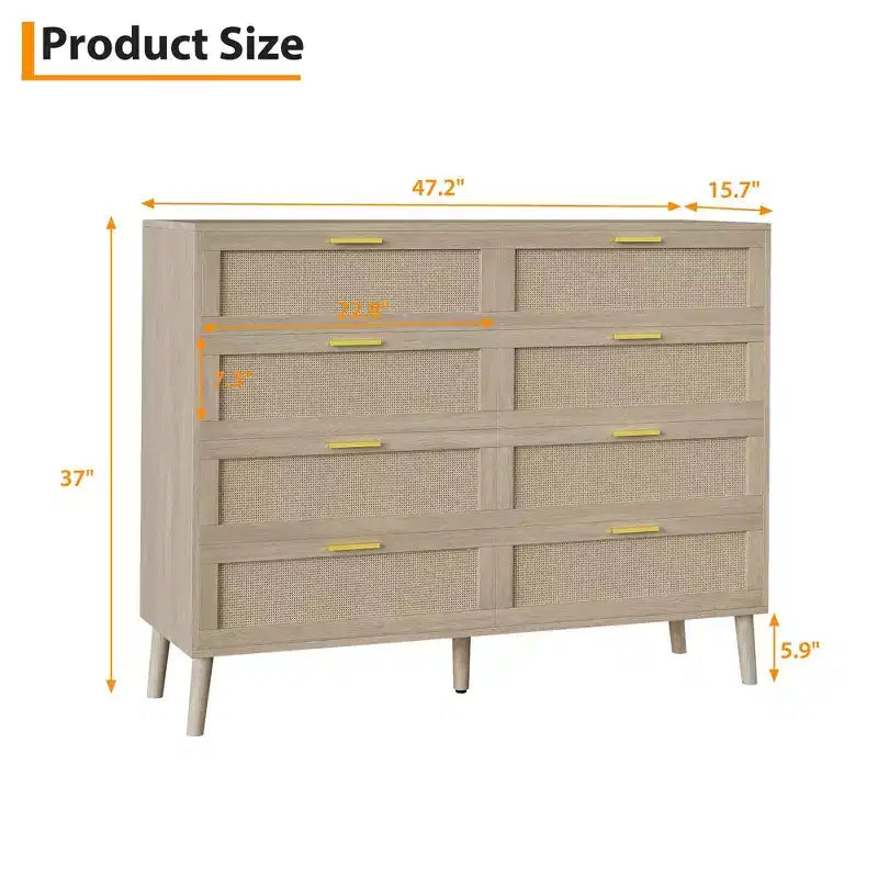Cassettiera in Rattan a 8 Cassetti, Cassettiera in Legno con 5 Gambe in Legno Massello, Cassettiera Moderna di Metà Secolo per Armadio con Maniglie per Camera da Letto, Soggiorno