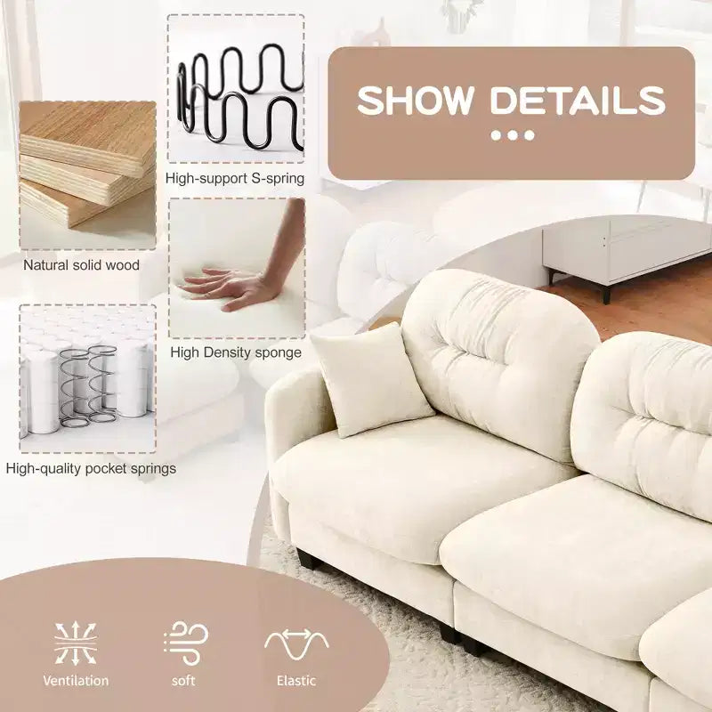 Divano componibile Cloud a 3 posti in ciniglia, in schiuma ad alta densità con bottoni, braccioli ergonomici, base in legno massello per camera da letto/salotto