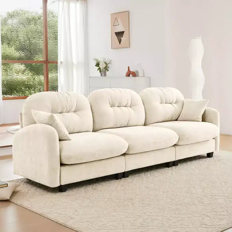 Divano componibile Cloud a 3 posti in ciniglia, in schiuma ad alta densità con bottoni, braccioli ergonomici, base in legno massello per camera da letto/salotto