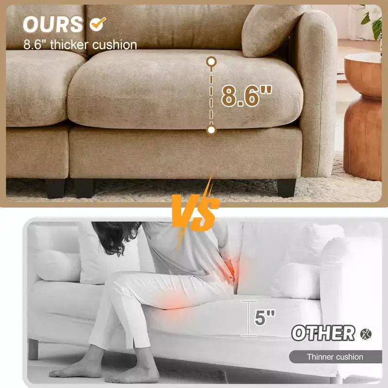 Divano componibile Cloud a 3 posti in ciniglia, in schiuma ad alta densità con bottoni, braccioli ergonomici, base in legno massello per camera da letto/salotto
