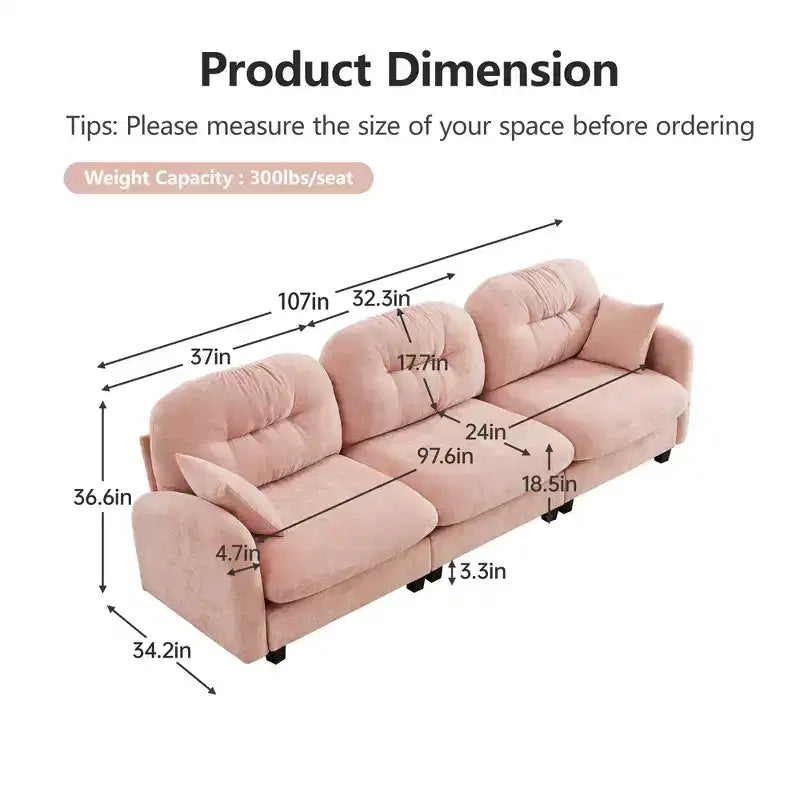 Divano componibile Cloud a 3 posti in ciniglia, in schiuma ad alta densità con bottoni, braccioli ergonomici, base in legno massello per camera da letto/salotto