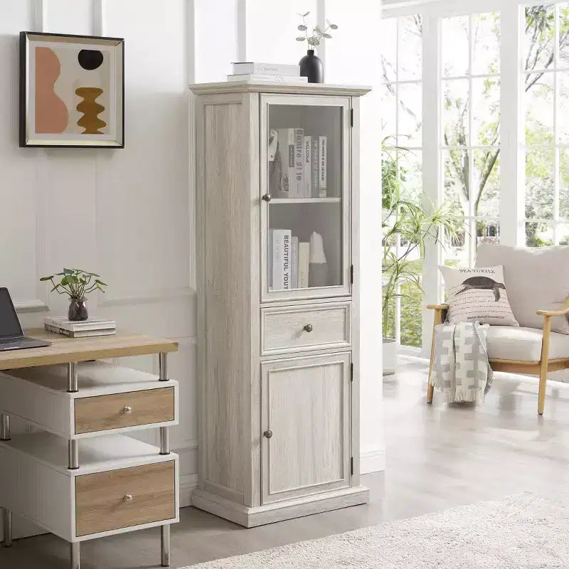 Credenza Alta Moderna con Ante e Ripiani in Vetro - Madia Versatile Autoportante con Cassetto per Soggiorno, Cucina, Sala da Pranzo e Ufficio