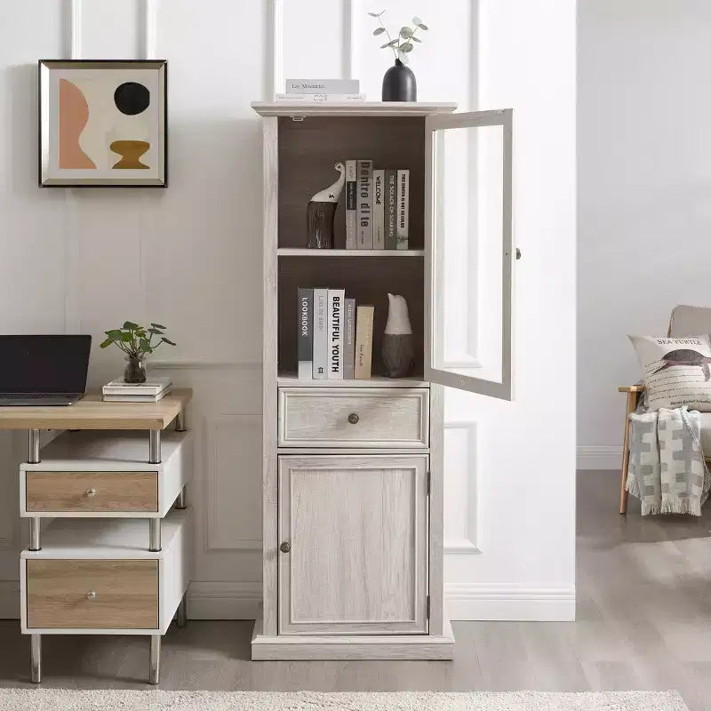 Credenza Alta Moderna con Ante e Ripiani in Vetro - Madia Versatile Autoportante con Cassetto per Soggiorno, Cucina, Sala da Pranzo e Ufficio