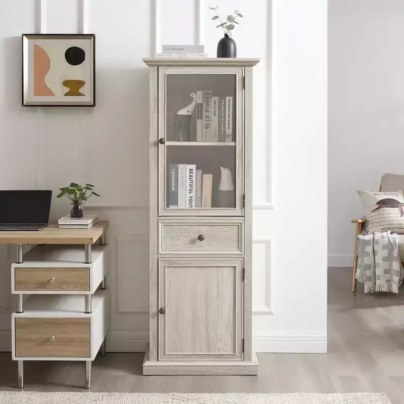Credenza Alta Moderna con Ante e Ripiani in Vetro - Madia Versatile Autoportante con Cassetto per Soggiorno, Cucina, Sala da Pranzo e Ufficio