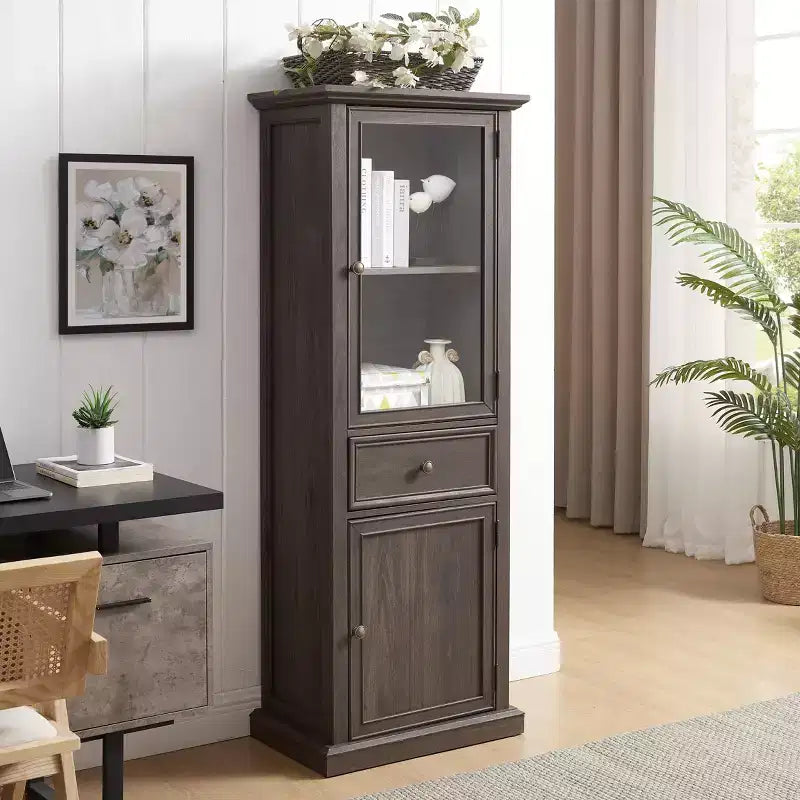 Credenza Alta Moderna con Ante e Ripiani in Vetro - Madia Versatile Autoportante con Cassetto per Soggiorno, Cucina, Sala da Pranzo e Ufficio