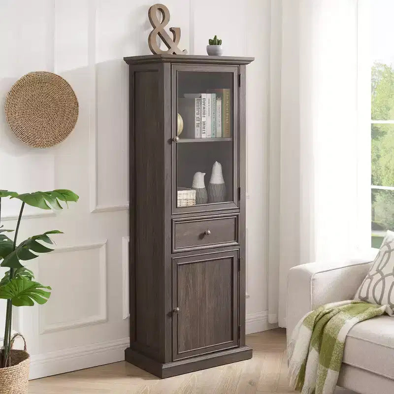 Credenza Alta Moderna con Ante e Ripiani in Vetro - Madia Versatile Autoportante con Cassetto per Soggiorno, Cucina, Sala da Pranzo e Ufficio