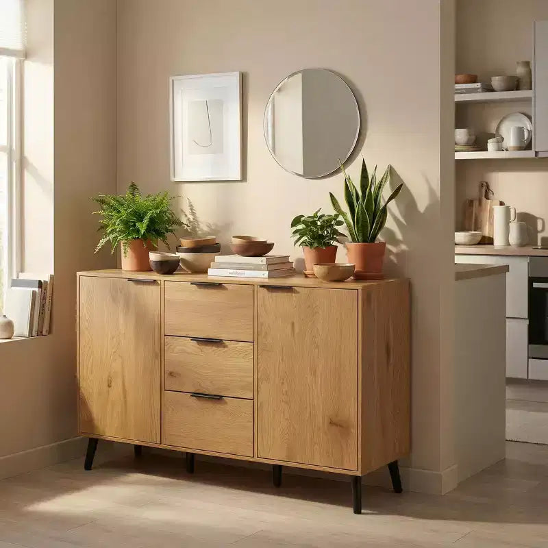 Homy Casa Credenza/Buffet Moderna da 120 cm con Spazio Contenitore e 3 Cassetti, Rovere