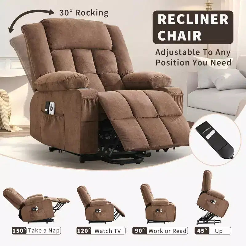 Grand fauteuil inclinable, canapé inclinable manuel avec massage et chauffage, fauteuil confortable à 3 positions, 2 poches latérales, 2 poches avant et 2 porte-gobelets