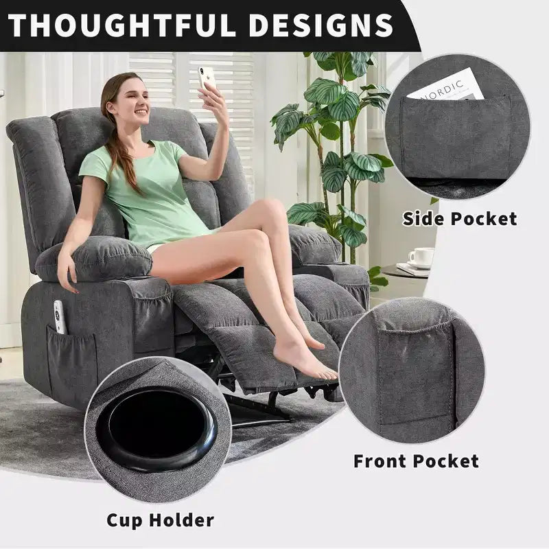 Grand fauteuil inclinable, canapé inclinable manuel avec massage et chauffage, fauteuil confortable à 3 positions, 2 poches latérales, 2 poches avant et 2 porte-gobelets