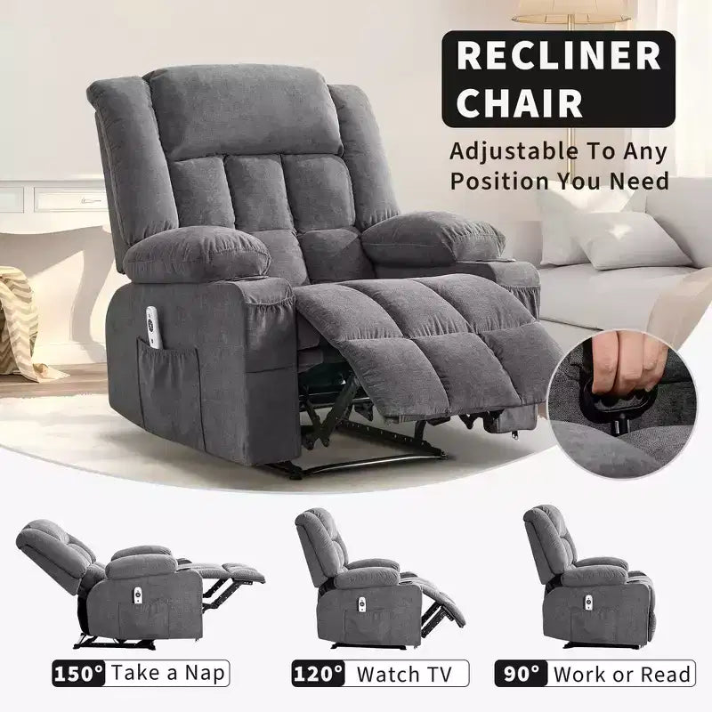 Grand fauteuil inclinable, canapé inclinable manuel avec massage et chauffage, fauteuil confortable à 3 positions, 2 poches latérales, 2 poches avant et 2 porte-gobelets