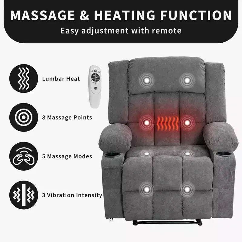 Grand fauteuil inclinable, canapé inclinable manuel avec massage et chauffage, fauteuil confortable à 3 positions, 2 poches latérales, 2 poches avant et 2 porte-gobelets