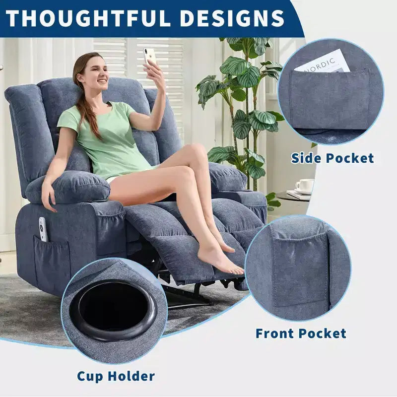 Grand fauteuil inclinable, canapé inclinable manuel avec massage et chauffage, fauteuil confortable à 3 positions, 2 poches latérales, 2 poches avant et 2 porte-gobelets