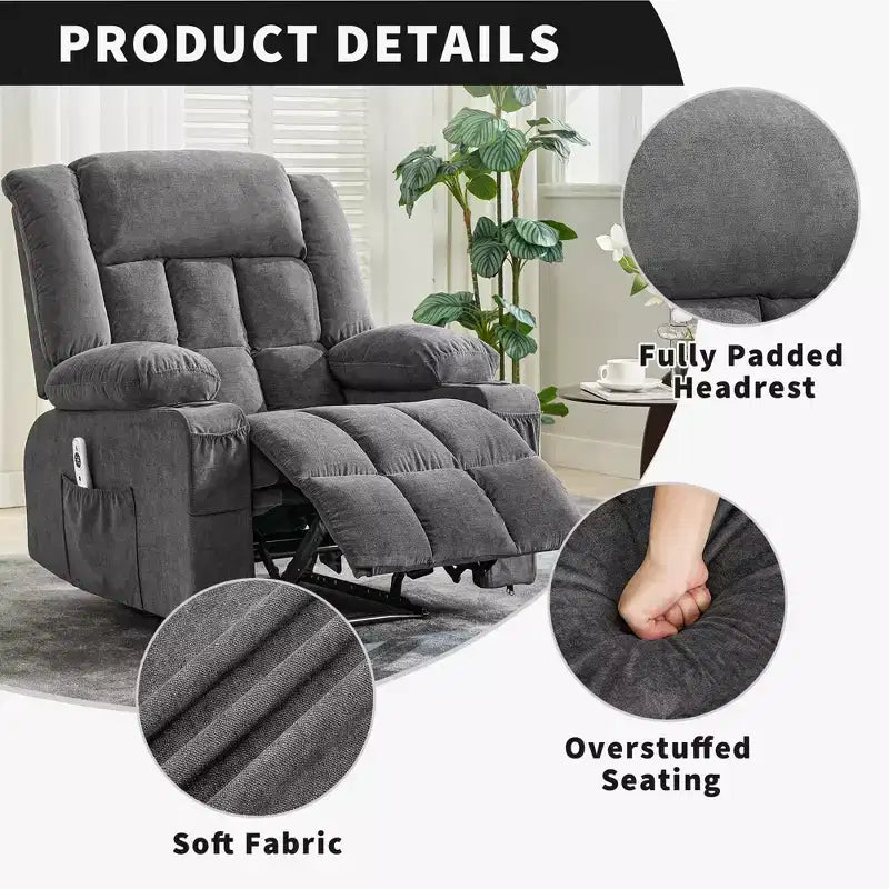 Grand fauteuil inclinable, canapé inclinable manuel avec massage et chauffage, fauteuil confortable à 3 positions, 2 poches latérales, 2 poches avant et 2 porte-gobelets