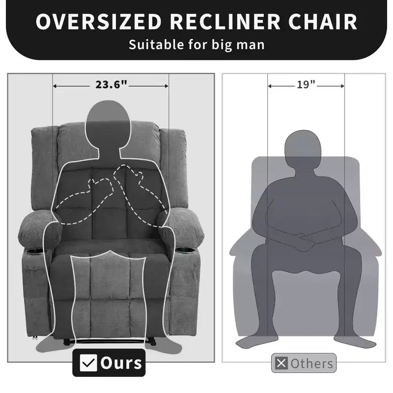 Grand fauteuil inclinable, canapé inclinable manuel avec massage et chauffage, fauteuil confortable à 3 positions, 2 poches latérales, 2 poches avant et 2 porte-gobelets