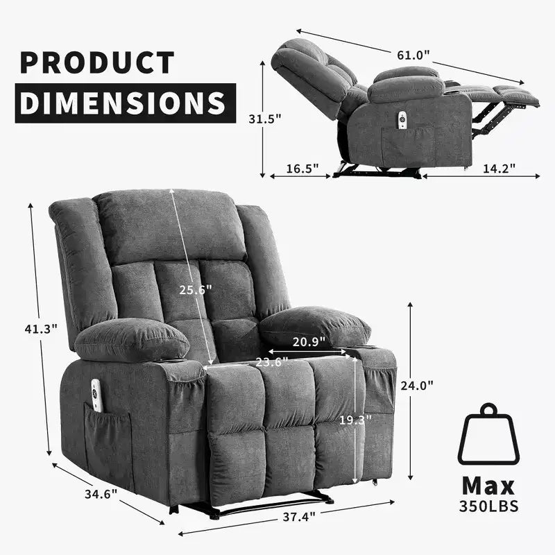Grand fauteuil inclinable, canapé inclinable manuel avec massage et chauffage, fauteuil confortable à 3 positions, 2 poches latérales, 2 poches avant et 2 porte-gobelets
