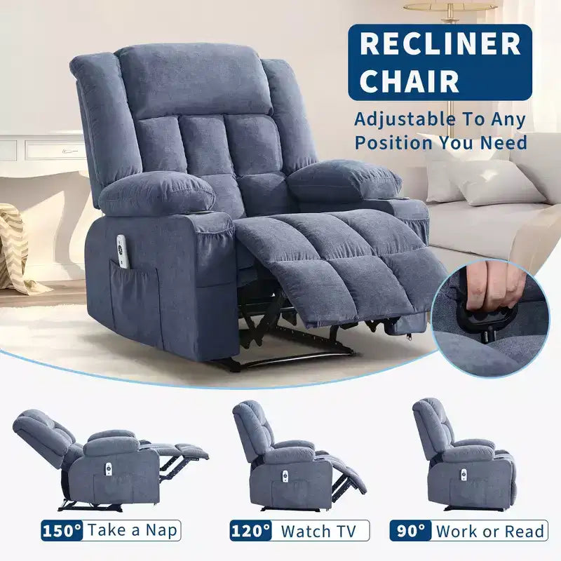 Grand fauteuil inclinable, canapé inclinable manuel avec massage et chauffage, fauteuil confortable à 3 positions, 2 poches latérales, 2 poches avant et 2 porte-gobelets