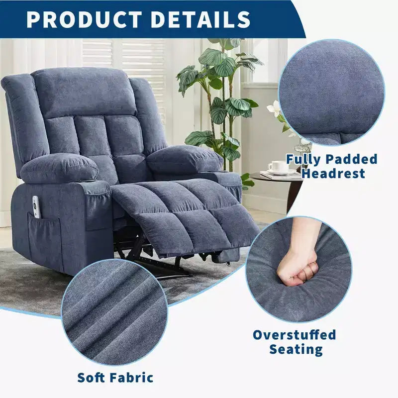 Grand fauteuil inclinable, canapé inclinable manuel avec massage et chauffage, fauteuil confortable à 3 positions, 2 poches latérales, 2 poches avant et 2 porte-gobelets