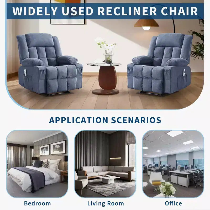 Grand fauteuil inclinable, canapé inclinable manuel avec massage et chauffage, fauteuil confortable à 3 positions, 2 poches latérales, 2 poches avant et 2 porte-gobelets