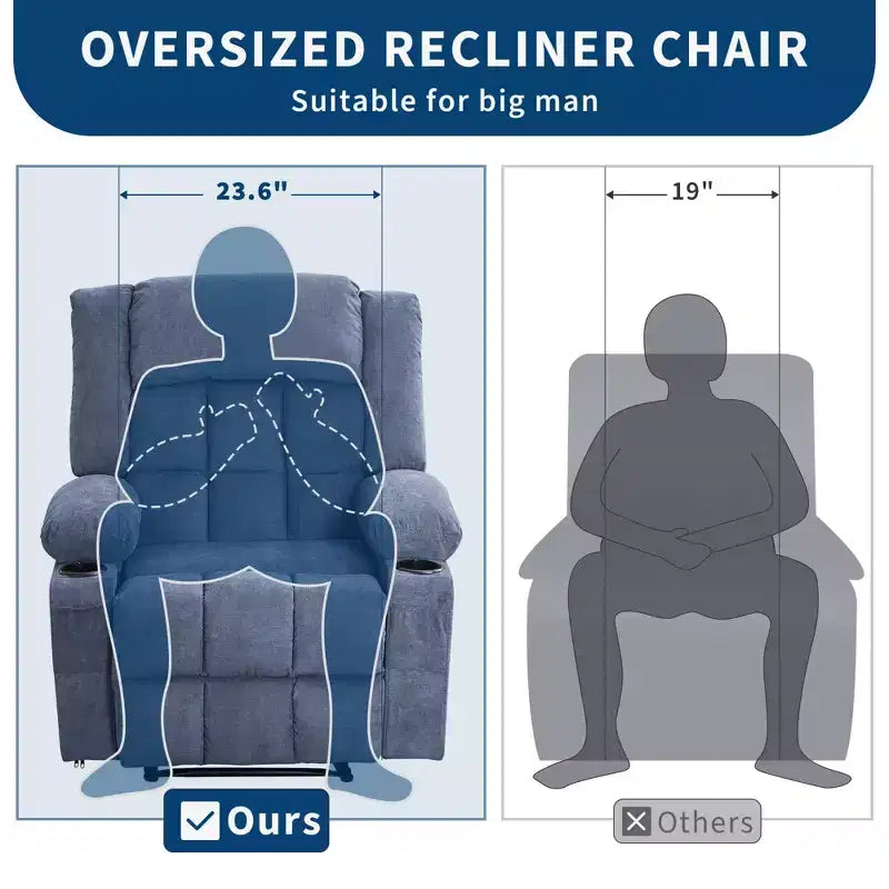 Grand fauteuil inclinable, canapé inclinable manuel avec massage et chauffage, fauteuil confortable à 3 positions, 2 poches latérales, 2 poches avant et 2 porte-gobelets