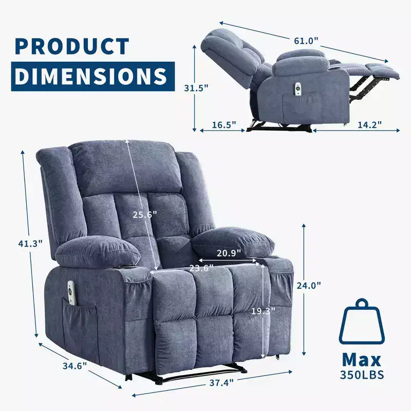 Grand fauteuil inclinable, canapé inclinable manuel avec massage et chauffage, fauteuil confortable à 3 positions, 2 poches latérales, 2 poches avant et 2 porte-gobelets