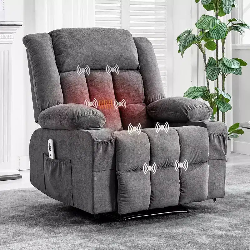 Grand fauteuil inclinable, canapé inclinable manuel avec massage et chauffage, fauteuil confortable à 3 positions, 2 poches latérales, 2 poches avant et 2 porte-gobelets