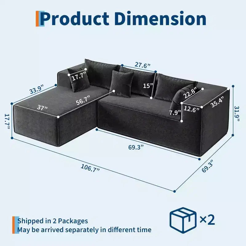 Divano componibile per soggiorno, Divano componibile Cloud con seduta profonda, Divano componibile a L da 271 cm con chaise longue, Divani imbottiti