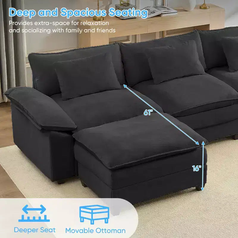 Mjkone Divano componibile a U da 118'', in ciniglia a 5 posti Cloud Sleeper con seduta profonda, ottomani e cuscini spessi