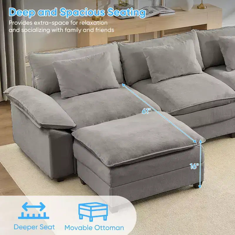 Mjkone Divano componibile a U da 118'', in ciniglia a 5 posti Cloud Sleeper con seduta profonda, ottomani e cuscini spessi