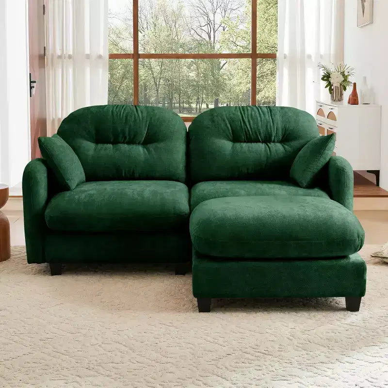 Divano sezionale a L 74 Beige Cloud con pouf in morbido tessuto ciniglia e schiuma ad alta densità per salotti