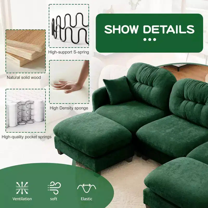 Divano sezionale a L 74 Beige Cloud con pouf in morbido tessuto ciniglia e schiuma ad alta densità per salotti