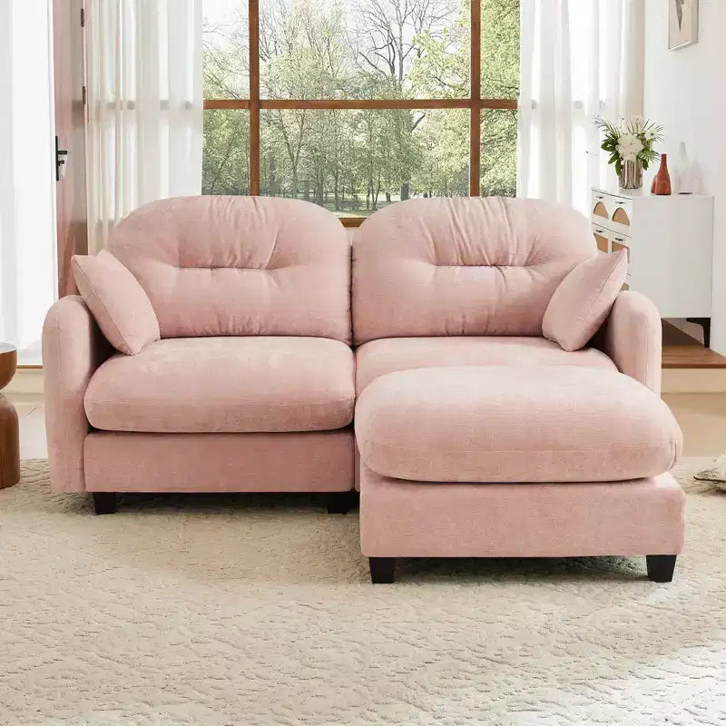 Divano sezionale a L 74 Beige Cloud con pouf in morbido tessuto ciniglia e schiuma ad alta densità per salotti