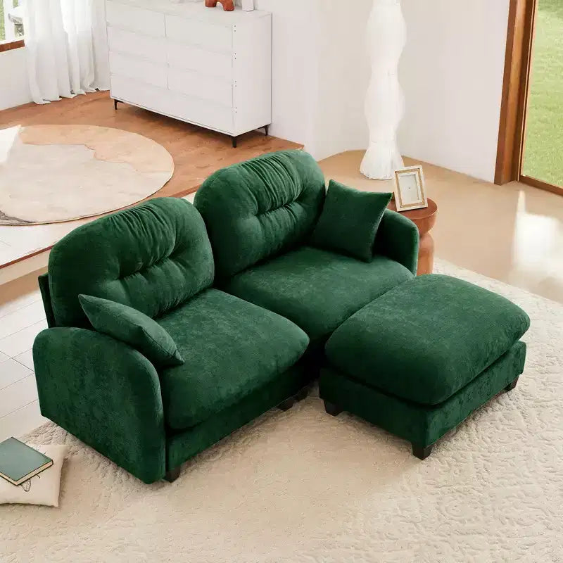 Divano sezionale a L 74 Beige Cloud con pouf in morbido tessuto ciniglia e schiuma ad alta densità per salotti