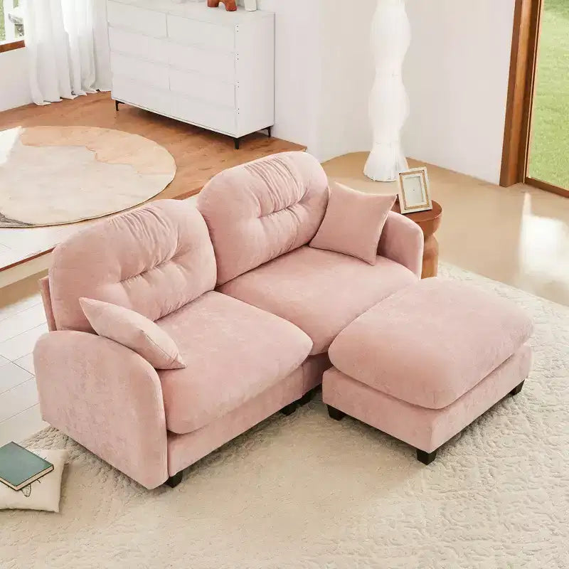 Divano sezionale a L 74 Beige Cloud con pouf in morbido tessuto ciniglia e schiuma ad alta densità per salotti