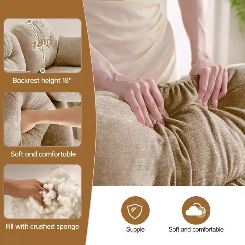 Divano componibile a L a 3 posti in tessuto ciniglia beige con pouf per soggiorno