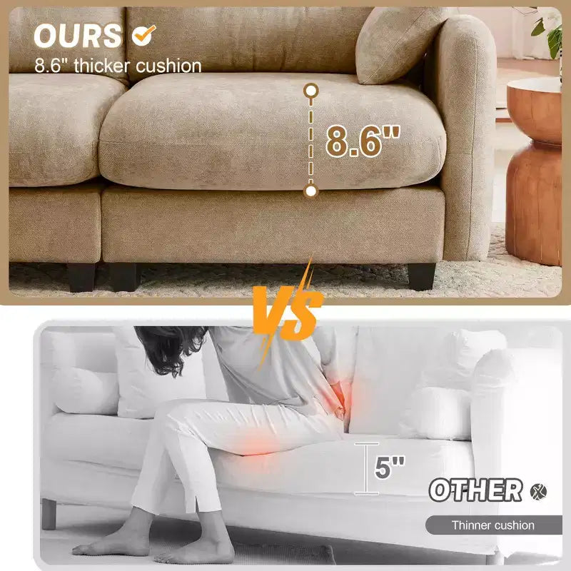 Divano componibile a L a 3 posti in tessuto ciniglia beige con pouf per soggiorno