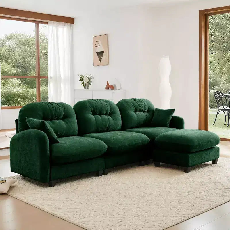 Divano componibile a L a 3 posti in tessuto ciniglia beige con pouf per soggiorno