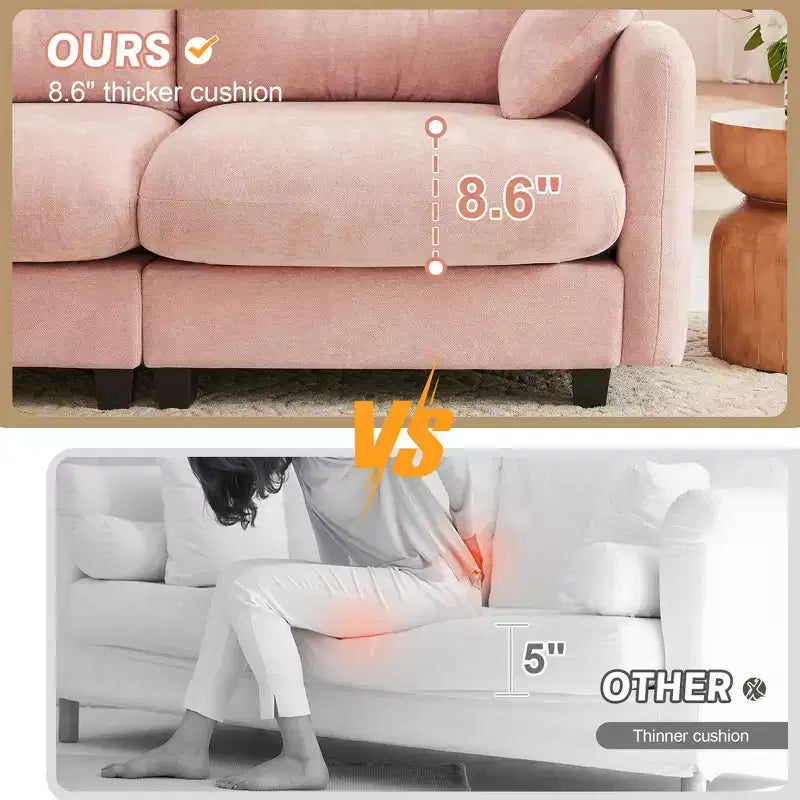 Divano componibile a L a 3 posti in tessuto ciniglia beige con pouf per soggiorno