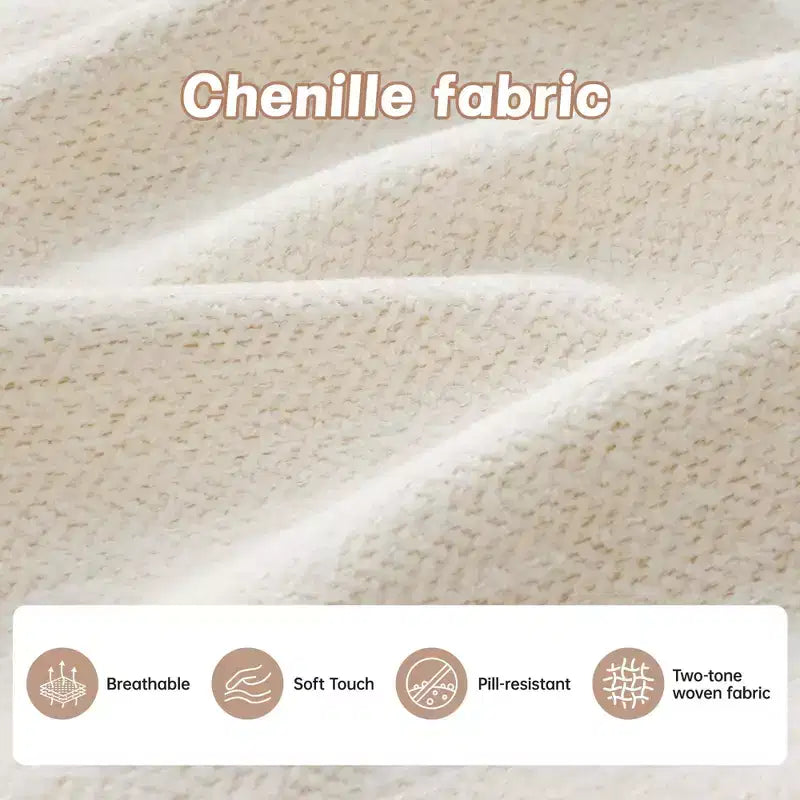 Divano componibile a L a 3 posti in tessuto ciniglia beige con pouf per soggiorno