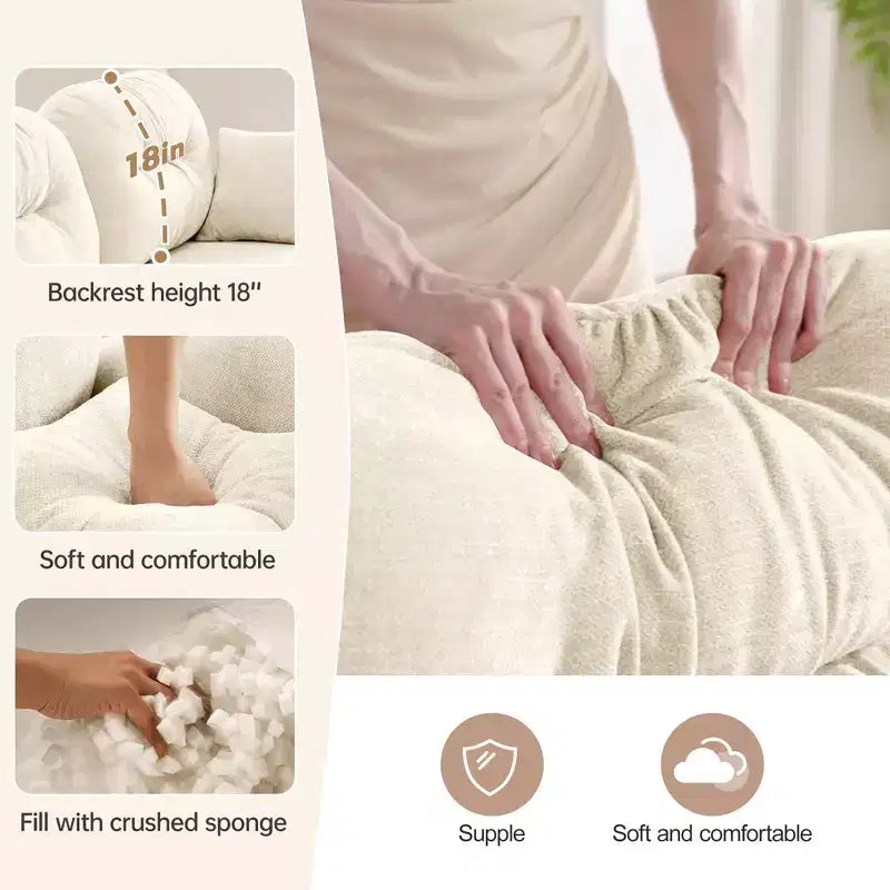 Divano componibile a L a 3 posti in tessuto ciniglia beige con pouf per soggiorno