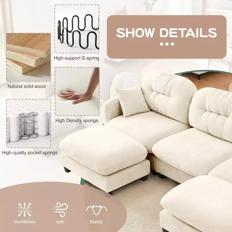 Divano componibile a L a 3 posti in tessuto ciniglia beige con pouf per soggiorno