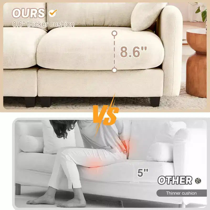 Divano componibile a L a 3 posti in tessuto ciniglia beige con pouf per soggiorno