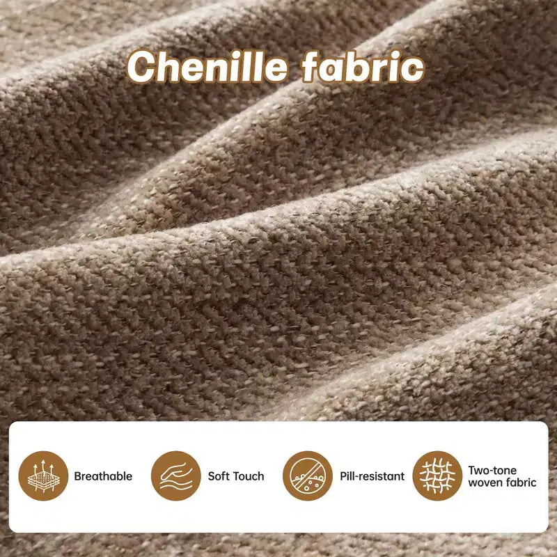 Divano componibile a L in ciniglia beige con pouf e base in legno di alta qualità per salotti