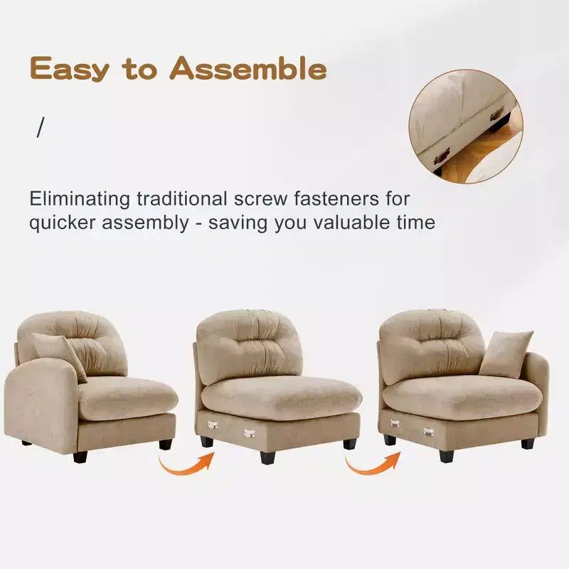Divano componibile a L in ciniglia beige con pouf e base in legno di alta qualità per salotti