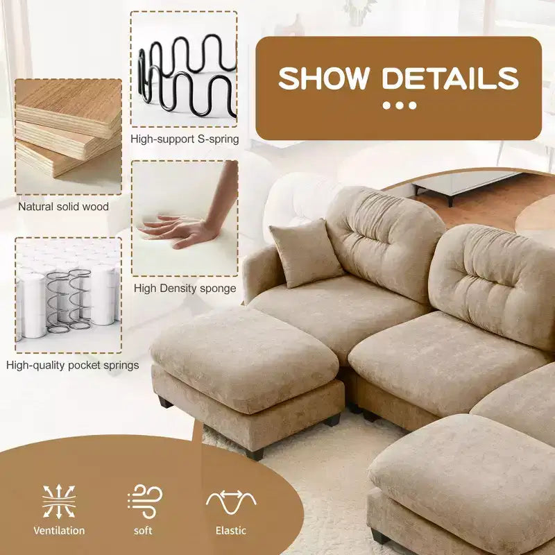Divano componibile a L in ciniglia beige con pouf e base in legno di alta qualità per salotti