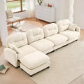 Beige Modular Sectional L Shaped Chenille Fabric Sofa with Ottoman High Quality Wooden Base for Living Rooms